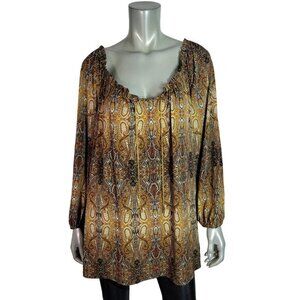 Cato Top Plus Size 26/28W Stretch‎ Paisley Chain Long Sleeve Pullover Brown